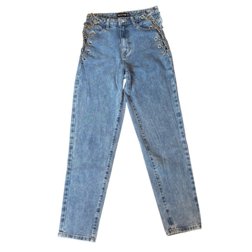 PrettyLittleThing Mom Straight Leg Denim Blue Jeans Chain Detail Size 4 Alt Girl
